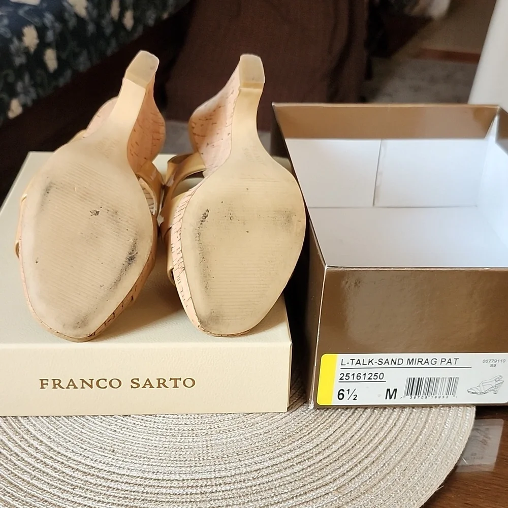 Franco Sarto Platform Wedge/Heel Sandals Patent Leather and Cork 6.5 M Tan